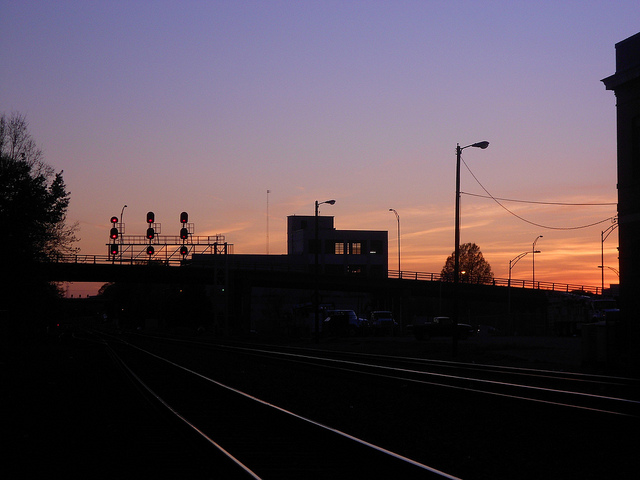 Sunset at the Elm and MLK Drive rail crossing looking westbound