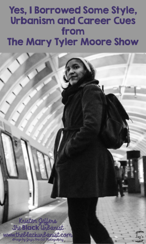 A black and white image of straight haired, contact lensed Kristen in a patterned beret, wool trenchcoat, standing next to a Metro train at the Mt. Vernon Square station. Kristen is looking away, with a serious expression on her face.